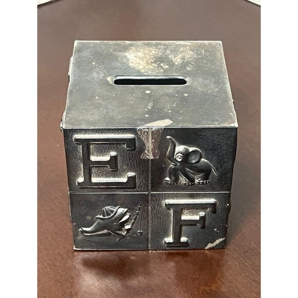 Pewter Brush Finish Alphabet Block Baby Piggy Bank Metal Cube - Picture 6 of 9